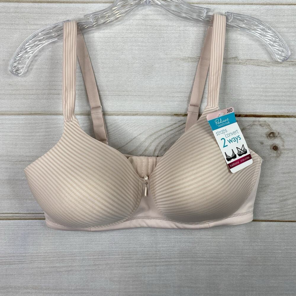 Radiant By Vanity Fair Bra 36D Beige Striped Straps Convert 2 Ways NWT